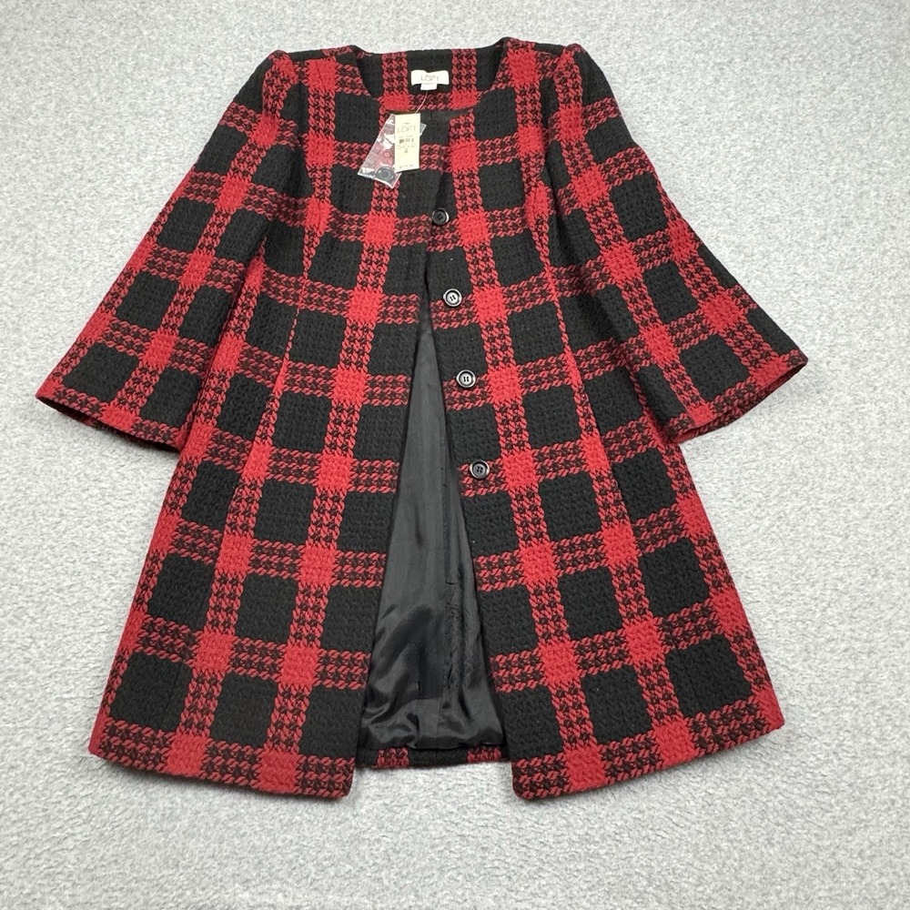 Ann Taylor Loft Plaid Pea Coat Size 4 Black Red Wool Blend Jacket‎ Goth Vamp NWT